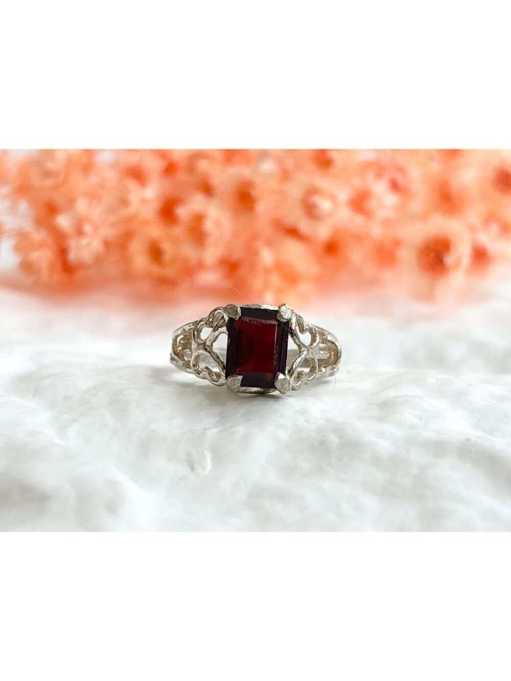 Garnet Emerald Cut Gemstone Sterling Silver 925 Victorian Vintage Ring - sz 6.25 - Picture 7 of 13